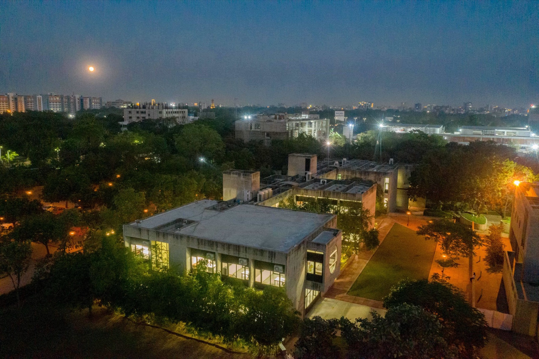 The IIMA Ventures building at IIM Ahmedabad at dusk